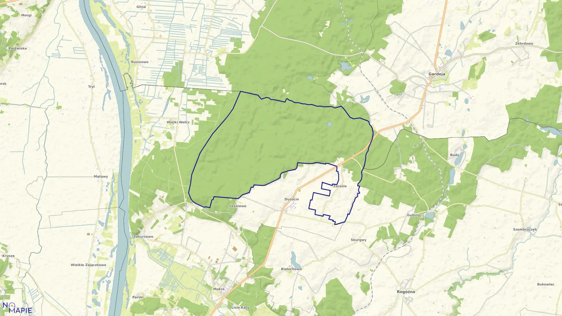 Mapa obrębu Zarośle w gminie Rogóźno